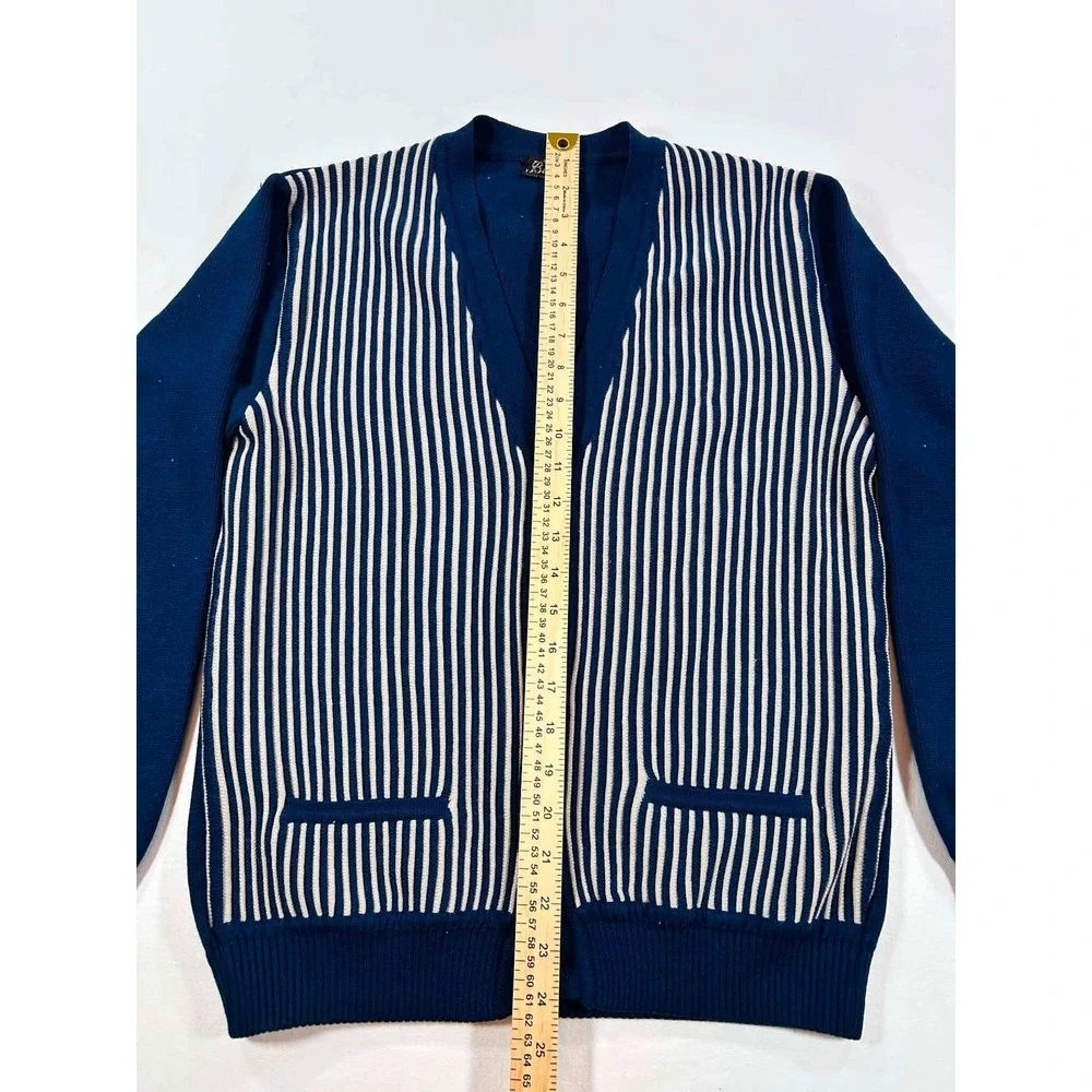 Vintage Beston Blue White Striped Cardigan Sweater V-Neck Button Front Mens M